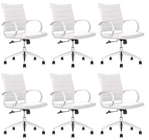 GM Seating Ribbed Mid Back Desk Chair - Lumbar Support, Modern Style Executive Chair for Home and Office - 360 Swivel Rolling Wheels - Aluminum Chrome Frame & Base - (White & Chrome)