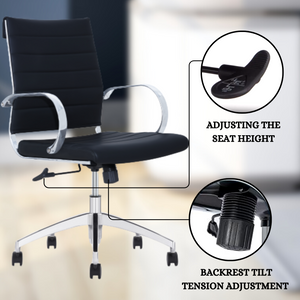 GM Seating Ribbed Mid-Back Desk Chair - Lumbar Support, Modern Style Executive chair for Home and Office - 360 Swivel Rolling Wheels - Aluminum Chrome Frame & Base - Black