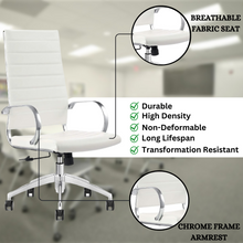 Load image into Gallery viewer, GM Seating Ribbed Mid-Back Desk Chair - High Back Lumbar Support, Modern Style Executive chair for Home and Office - 360 Swivel Rolling Wheels - Aluminum Chrome Frame &amp; Base - White