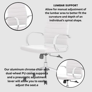 GM Seating Ribbed Mid Back Desk Chair - Lumbar Support, Modern Style Executive Chair for Home and Office - 360 Swivel Rolling Wheels - Aluminum Chrome Frame & Base - (White & Chrome)