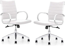 Load image into Gallery viewer, Ribbed Mid Back Conference Room Chairs - Lumbar Support, Modern Style Executive Home Office Chair - 360 Swivel Rolling Wheels - Aluminum Chrome Frame &amp; Base - White Office Chair