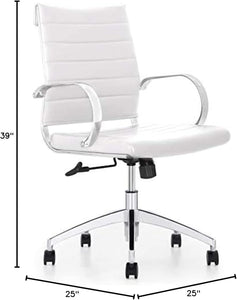 Ribbed Mid Back Conference Room Chairs - Lumbar Support, Modern Style Executive Home Office Chair - 360 Swivel Rolling Wheels - Aluminum Chrome Frame & Base - White Office Chair