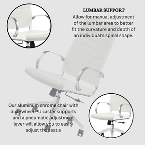 GM Seating Ribbed Mid-Back Desk Chair - High Back Lumbar Support, Modern Style Executive chair for Home and Office - 360 Swivel Rolling Wheels - Aluminum Chrome Frame & Base - White