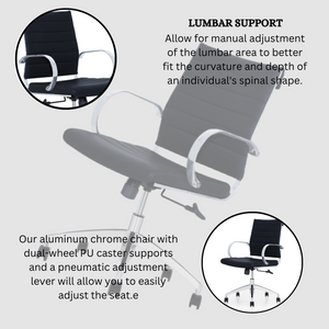 GM Seating Ribbed Mid-Back Desk Chair - Lumbar Support, Modern Style Executive chair for Home and Office - 360 Swivel Rolling Wheels - Aluminum Chrome Frame & Base - Black