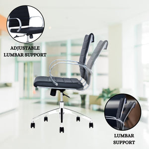 Ribbed Mid Back Conference Room Chairs - Lumbar Support, Modern Style Executive Chair for Home and Office - 360 Swivel Rolling Wheels - Aluminum Chrome Frame & Base - Black