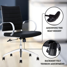 Load image into Gallery viewer, Ribbed Mid Back Conference Room Chairs - Lumbar Support, Modern Style Executive Chair for Home and Office - 360 Swivel Rolling Wheels - Aluminum Chrome Frame &amp; Base - Black