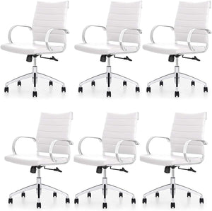 Ribbed Mid Back Conference Room Chairs - Lumbar Support, Modern Style Executive Home Office Chair - 360 Swivel Rolling Wheels - Aluminum Chrome Frame & Base - White Office Chair