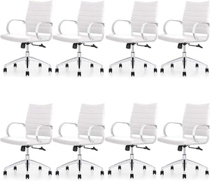 Ribbed Mid Back Conference Room Chairs - Lumbar Support, Modern Style Executive Home Office Chair - 360 Swivel Rolling Wheels - Aluminum Chrome Frame & Base - White Office Chair