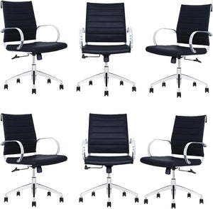 Ribbed Mid Back Conference Room Chairs - Lumbar Support, Modern Style Executive Chair for Home and Office - 360 Swivel Rolling Wheels - Aluminum Chrome Frame & Base - Black