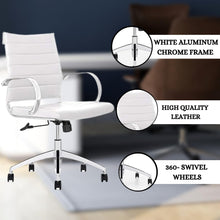 Load image into Gallery viewer, Ribbed Mid Back Conference Room Chairs - Lumbar Support, Modern Style Executive Home Office Chair - 360 Swivel Rolling Wheels - Aluminum Chrome Frame &amp; Base - White Office Chair