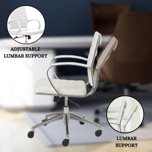 Ribbed Mid Back Conference Room Chairs - Lumbar Support, Modern Style Executive Home Office Chair - 360 Swivel Rolling Wheels - Aluminum Chrome Frame & Base - White Office Chair