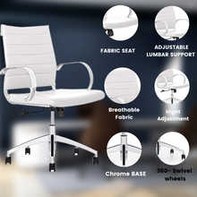 Load image into Gallery viewer, GM Seating Ribbed Mid Back Desk Chair - Lumbar Support, Modern Style Executive Chair for Home and Office - 360 Swivel Rolling Wheels - Aluminum Chrome Frame &amp; Base - (White &amp; Chrome)