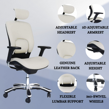 Load image into Gallery viewer, GM Seating Ergolux Genuine Leather Executive Office Chair - Lumbar Support, Modern Style Ergonomic Chair for Home Office - Comfortable Desk Chair with Headrest, Seat Slide, Ratchet Back, 3D Adjustable Armrest – White