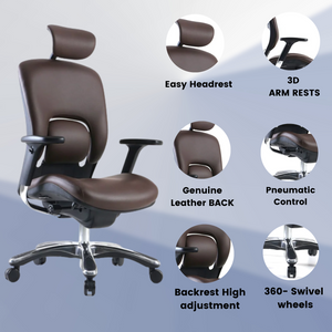 GM Seating Ergolux Genuine Leather Executive Hi Swivel Chair Chrome Base with Headrest Lumbar Support, Modern Ergonomic Chair for Home Office - Comfortable Desk Chair, Adjustable Armrest Brown